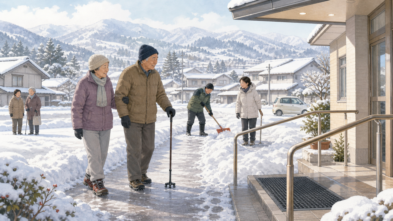 雪道歩行、玄関前の安全対策、除雪作業の支援を示す冬季転倒予防のイメージ